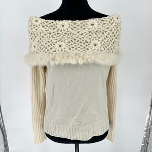Cabo Floral Crochet Knit Fur Trim Off The Shoulder Long Sleeve Sweater Top XL